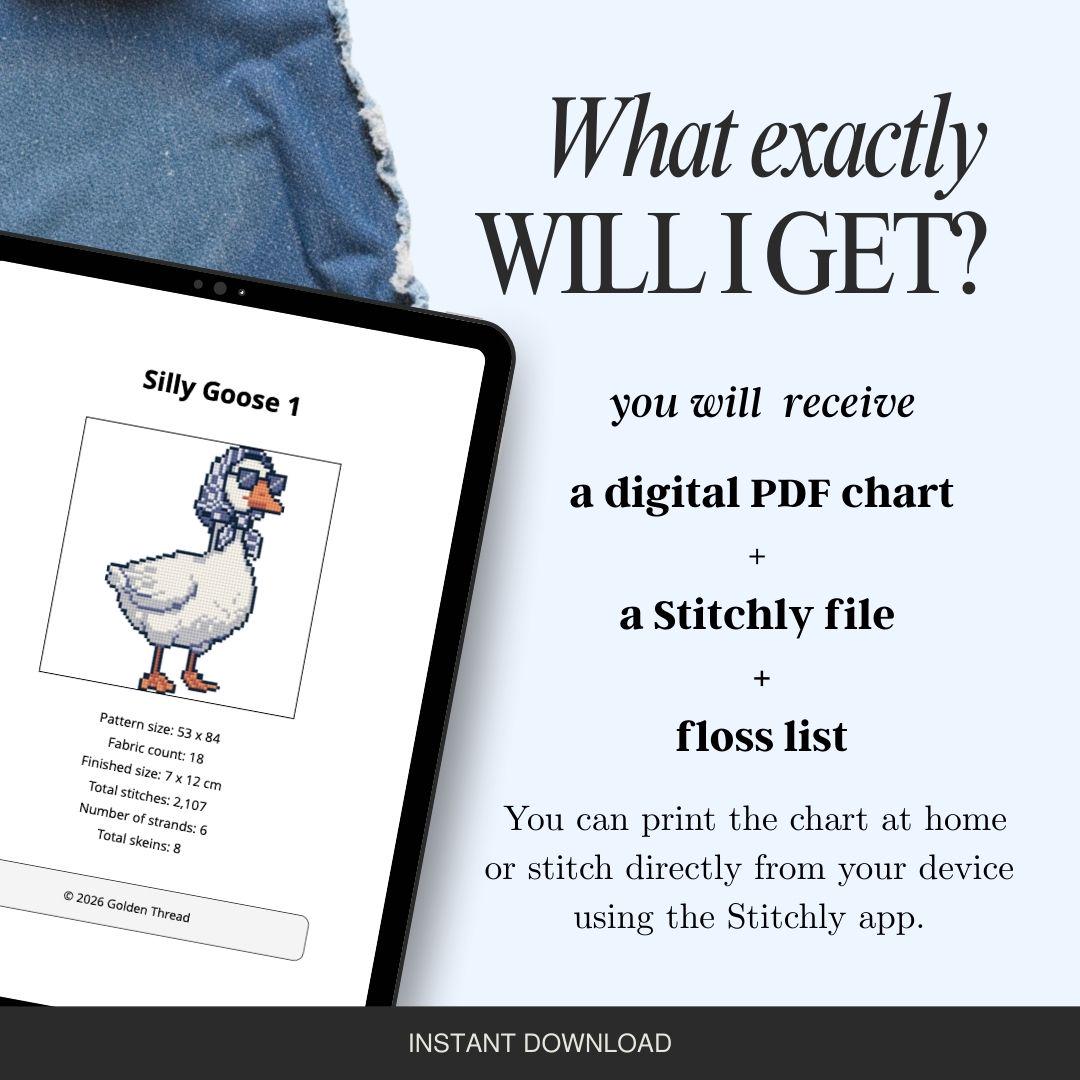 Digital PDF chart of a goose with text explaining what is included and how to access it.